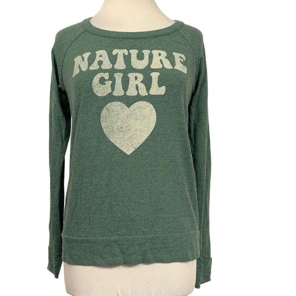 Chaser Nature Girl Heart Graphic Pullover Long Sleeve Top Sz M Forest Green NEW